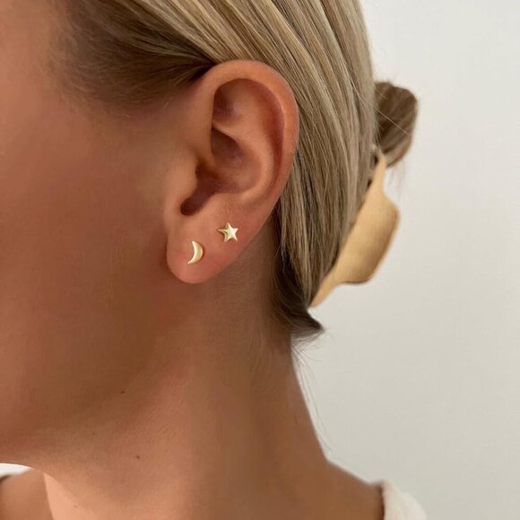 Solid Real 925 Sterling Silver Satr Moon Stud Earrings | Dainty Celestial Stud E - Picture 2 of 6